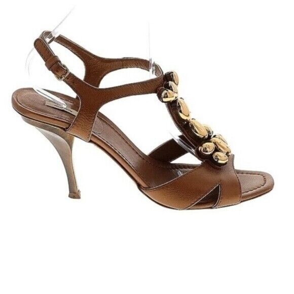 Miu Miu T-Strap Heels Bronze Metallic Jeweled Sandals 41 US 11 Sling Back Party - Picture 1 of 11